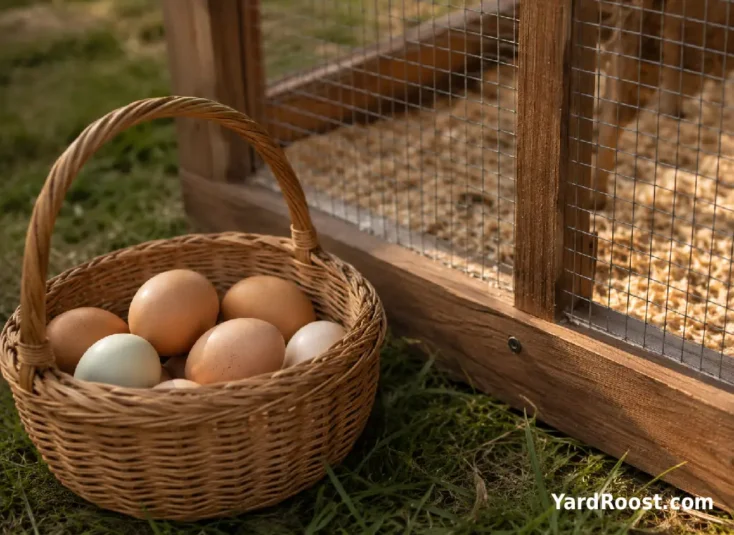 A basket of eggs sits beside a cage-free backyard-style chicken run.
