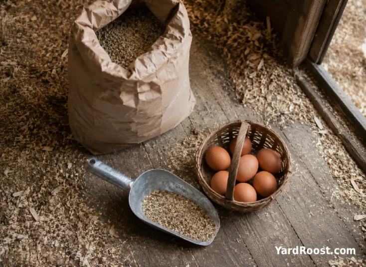 A feed scoop and egg basket sit on pine shavings inside a backyard chicken coop.