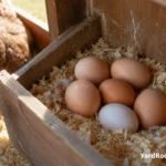 Fresh eggs rest in a clean backyard nest box with dry pine shavings.