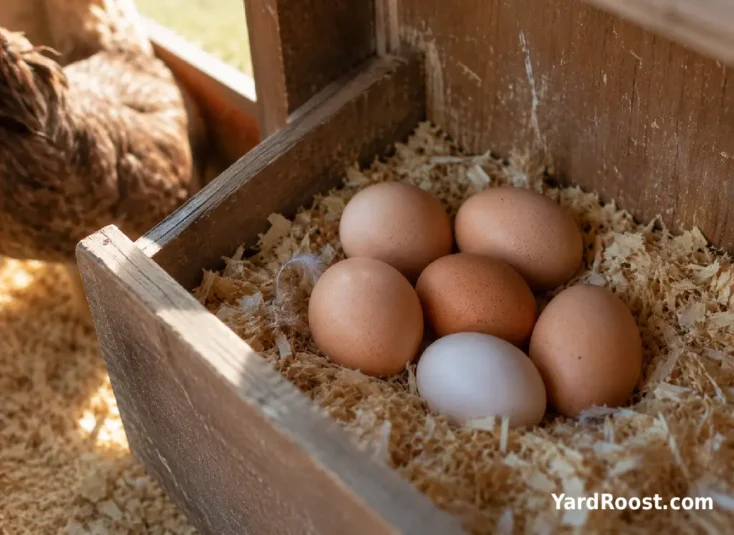 Fresh eggs rest in a clean backyard nest box with dry pine shavings.