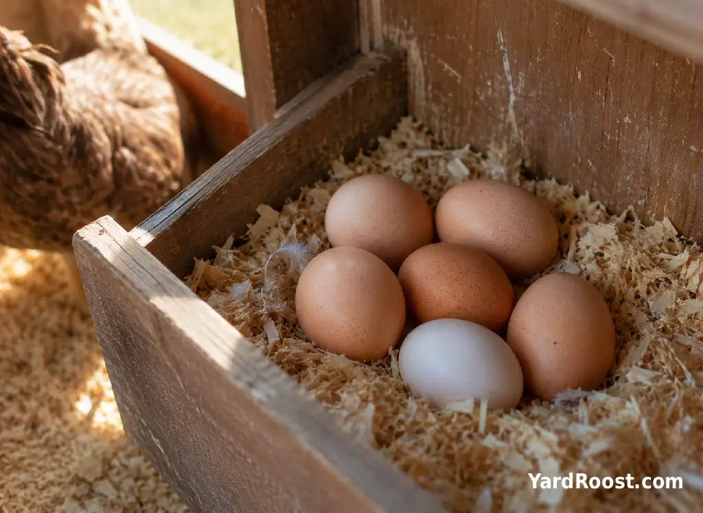 Fresh eggs rest in a clean backyard nest box with dry pine shavings.