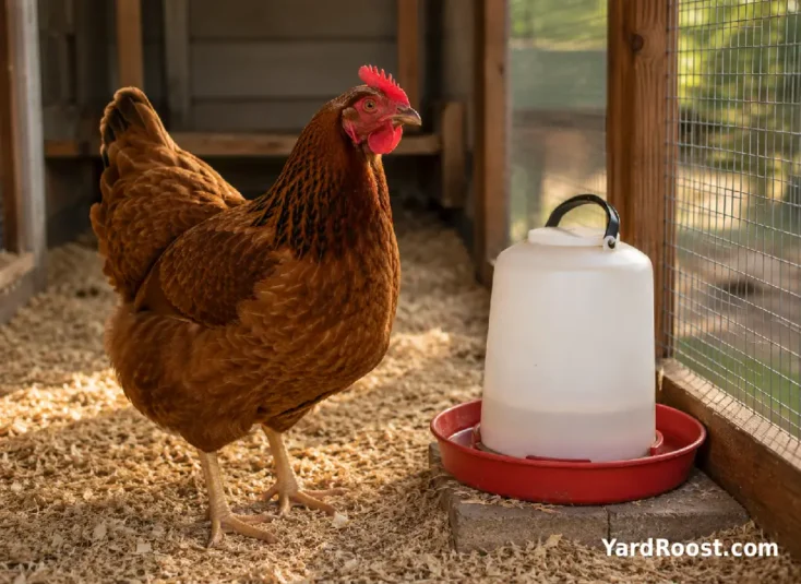 A quiet hen stands near a clean waterer inside a covered backyard chicken run.