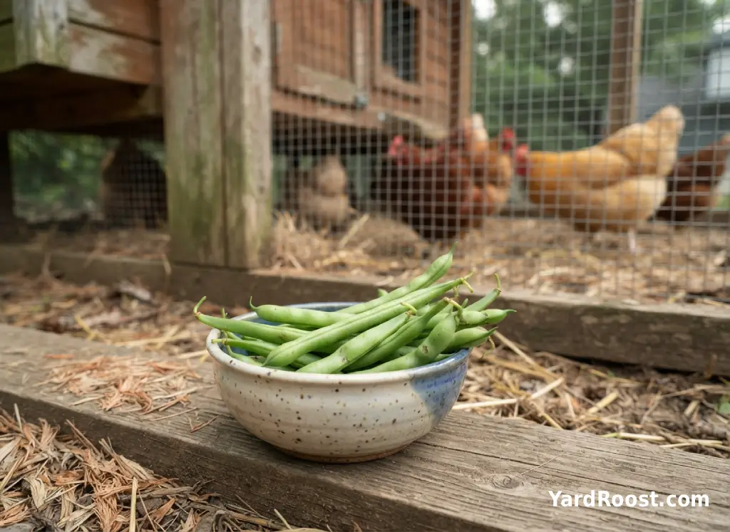 Fresh green beans in a bowl beside a backyard chicken run.