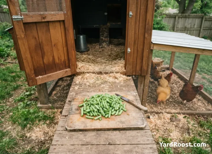 Chopped raw green beans prepared as a chicken treat near a coop.