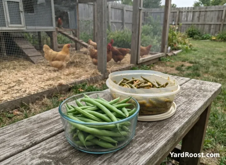 Plain green beans separated from unsuitable seasoned bean leftovers near a chicken run.