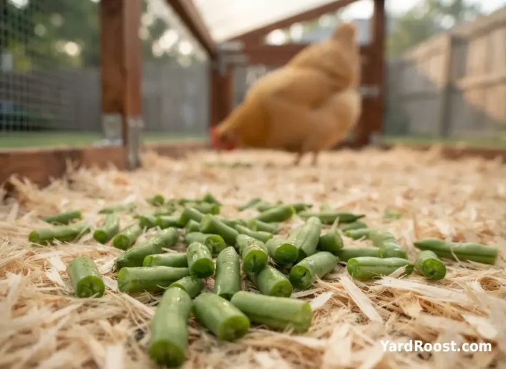 Small pieces of green beans scattered on clean chicken run bedding.