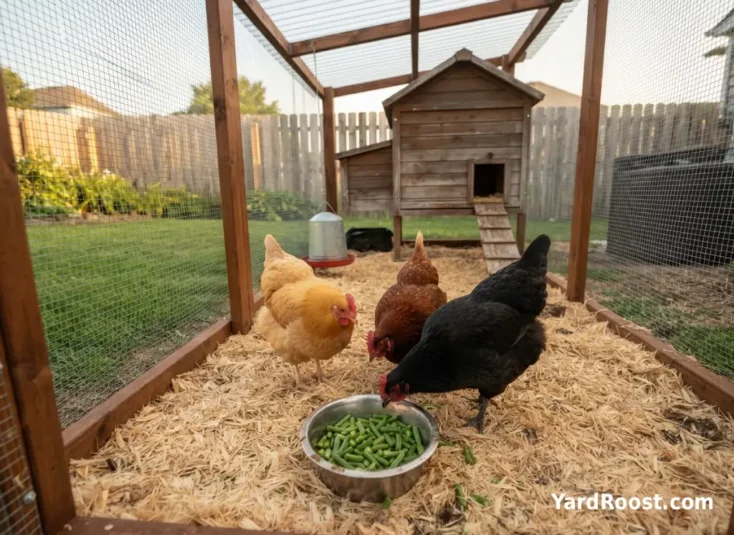 Backyard hens pecking near chopped green beans in a covered chicken run.