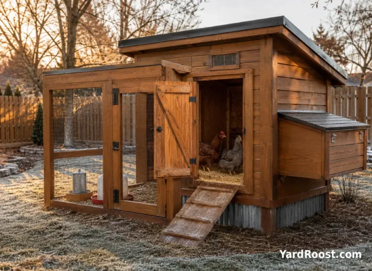 Wooden winter chicken coop with dry bedding and calm hens near a roost.