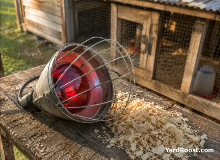 Unplugged red heat lamp on a workbench beside clean coop bedding.