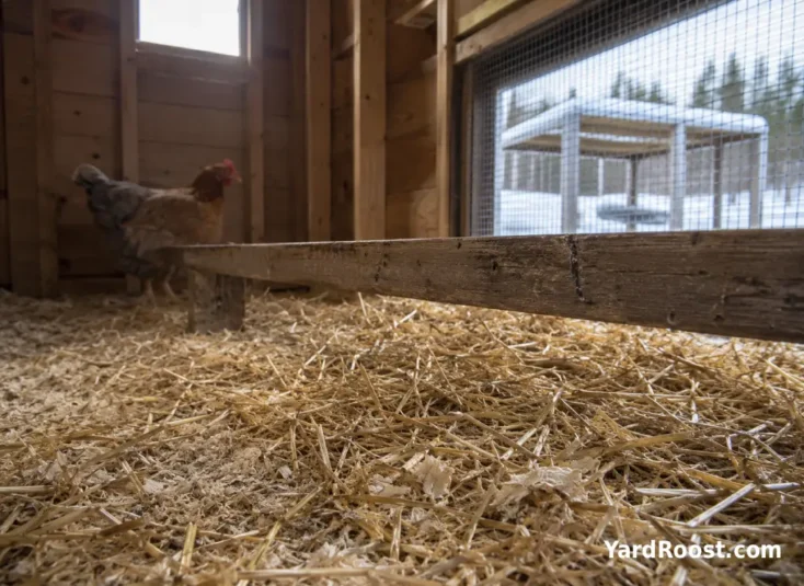 Deep dry straw bedding under a wooden roost in a winter chicken coop.