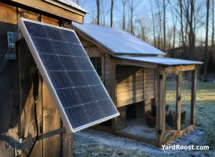 Small solar panel near a chicken coop roof on a clear winter afternoon.