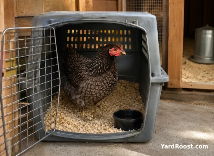 Quiet hen in a dry recovery crate near a winter chicken coop.