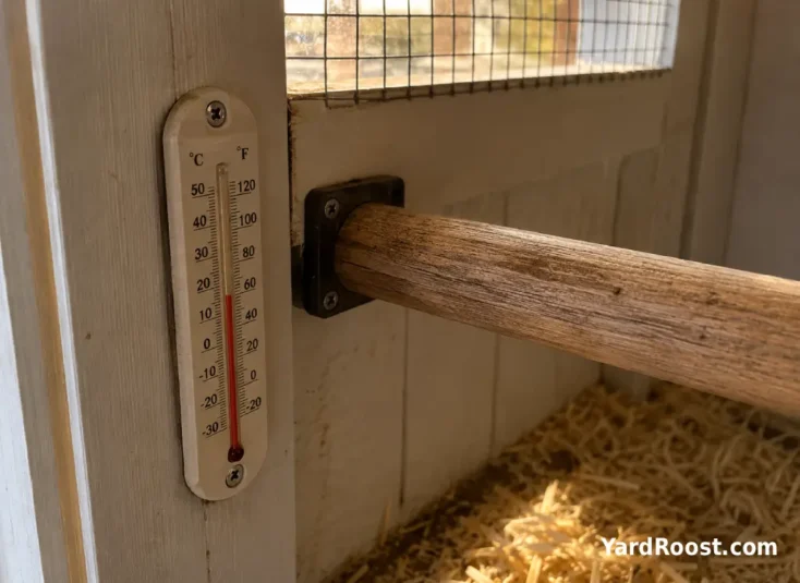 Thermometer mounted beside a wooden roost in a clean winter chicken coop.