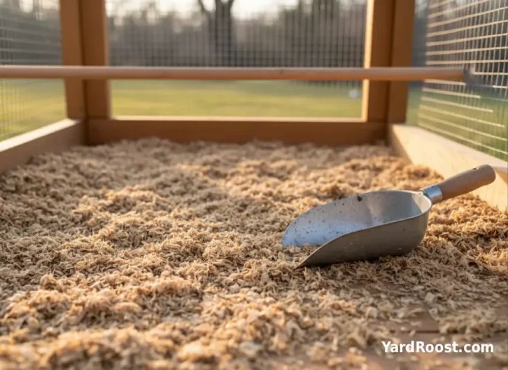 Close-up of chopped hemp bedding covering a clean coop floor beside a small metal scoop.