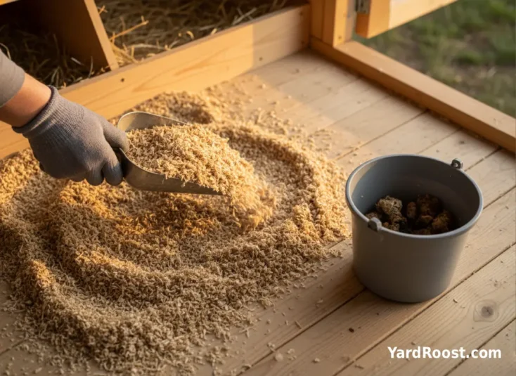 Fresh hemp bedding being spread in a coop while damp clumps are removed into a bucket.