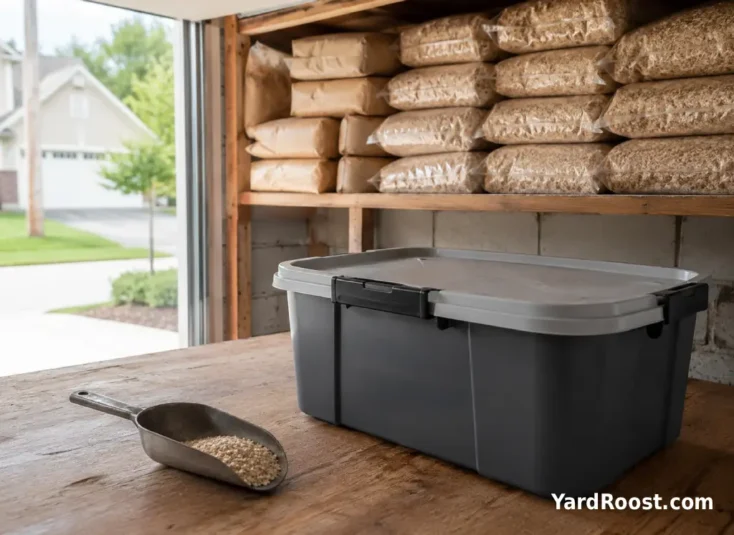 Stacked hemp bedding bags stored on a garage shelf beside a sealed tote and scoop.