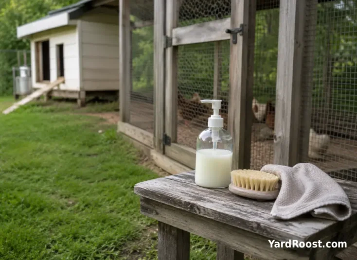 Soap and scrub brush set up on a small table near a backyard chicken coop gate.