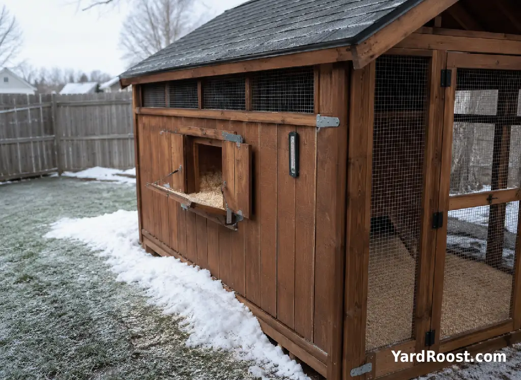 A winter chicken coop with enclosed walls and high ventilation under the roofline.