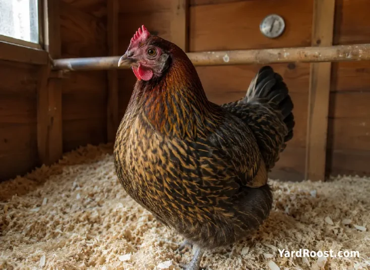 A hen stands on dry bedding inside a winter coop with a wooden roost.