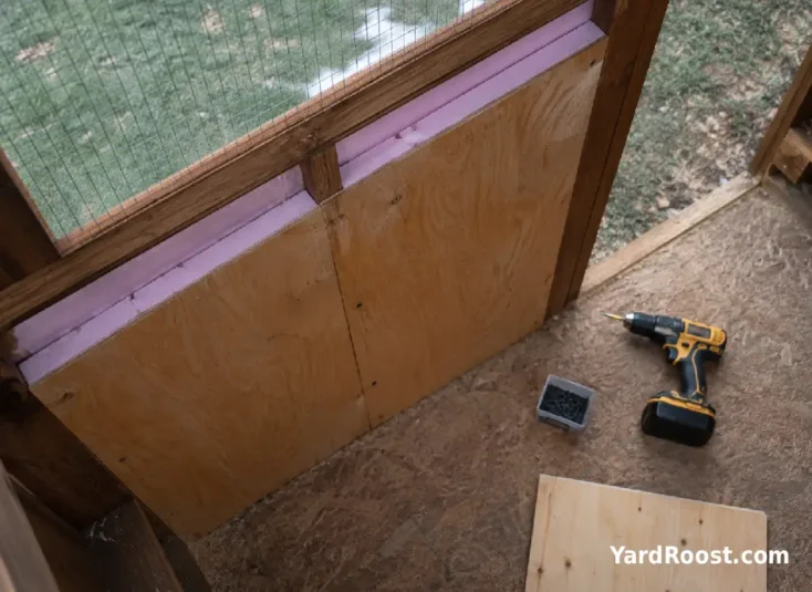 Rigid foam insulation is installed behind plywood panels in a chicken coop wall.