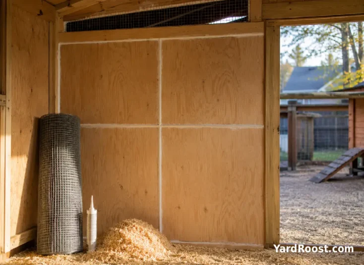 A chicken coop wall is insulated behind plywood while a high vent remains open.