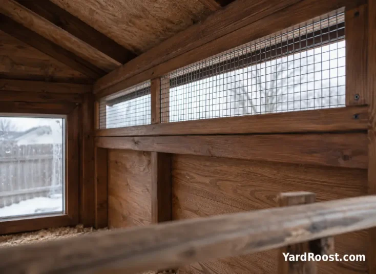 A high winter coop vent allows airflow above the roost and dry bedding.