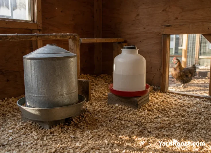 A winter coop has dry pine shavings, a raised waterer, and a covered feeder.