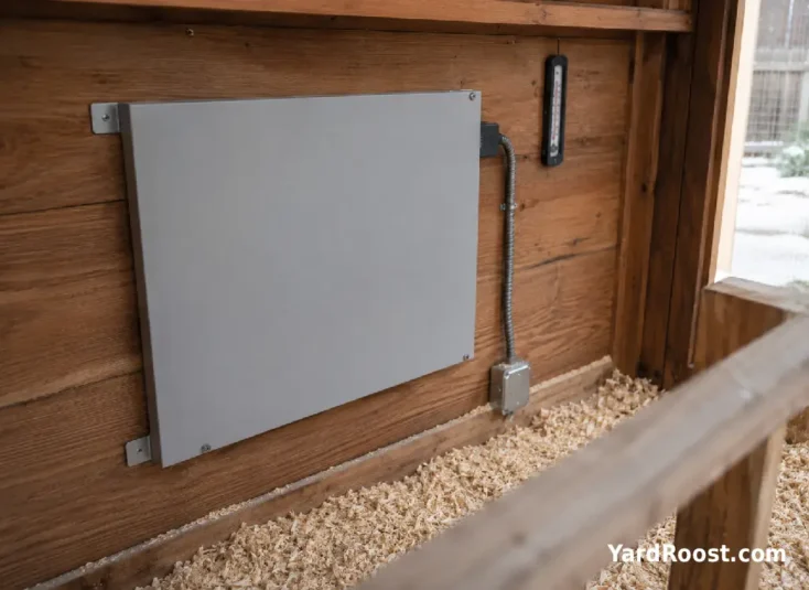 A radiant heater panel is mounted safely in a winter chicken coop away from bedding and cords.