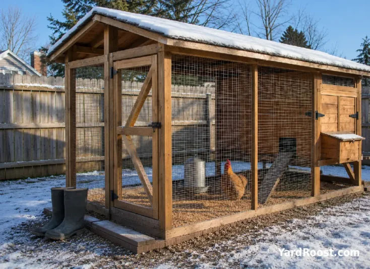 A covered winter chicken run has hardware cloth sides and dedicated coop boots by the door.