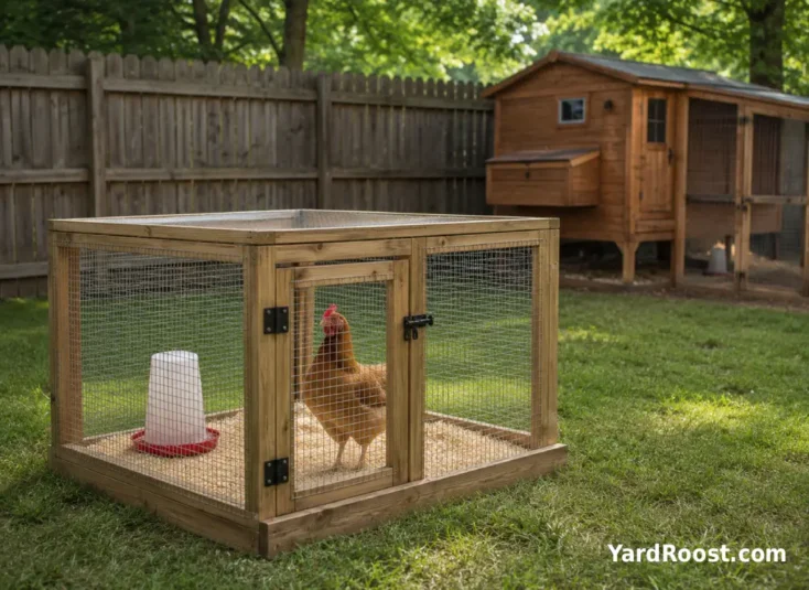 Separate quarantine pen near a backyard chicken coop with clean bedding and one calm hen.