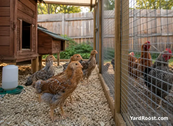 Young pullets in a protected grow-out pen beside adult hens in a backyard run.