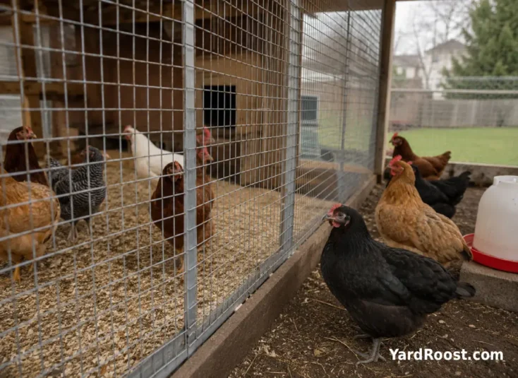 Hardware cloth divider separating new hens from an established backyard flock.