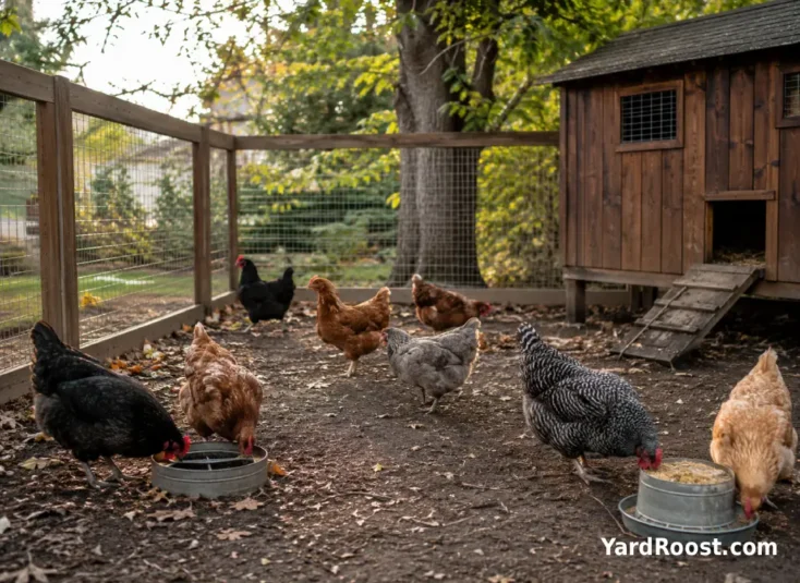 Supervised backyard chicken introduction with hens foraging near two separate feeders.
