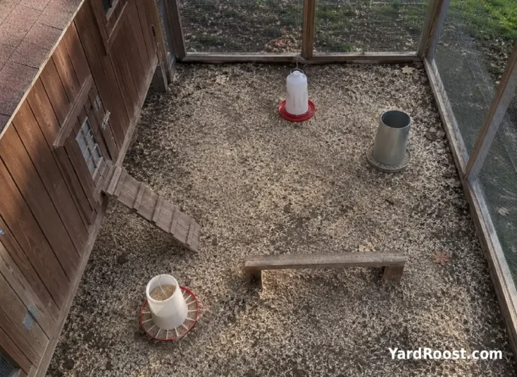 Backyard chicken run with two feeders, a waterer, and a low perch for flock integration.