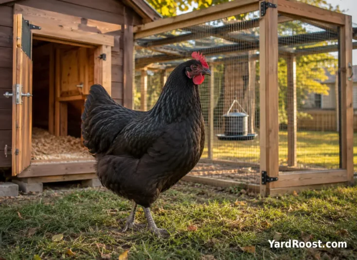 A calm Jersey Giant chicken stands beside a covered run attached to a backyard coop.
