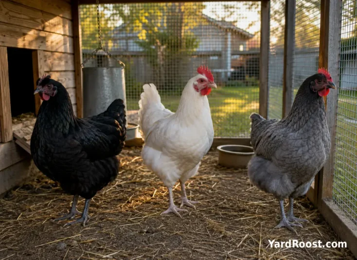 Black, white, and blue Jersey Giant chickens stand inside a covered run beside a backyard coop.