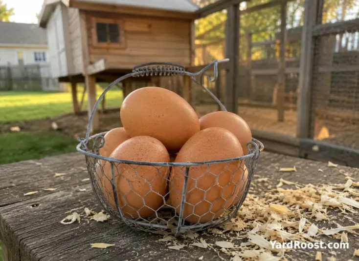 Extra-large brown eggs sit in a wire basket on a wooden bench near a backyard coop.
