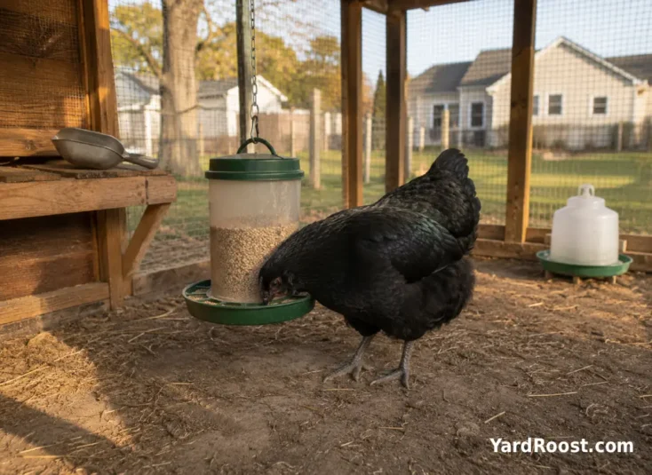 A Jersey Giant eats from a hanging feeder inside a covered run next to a backyard coop.