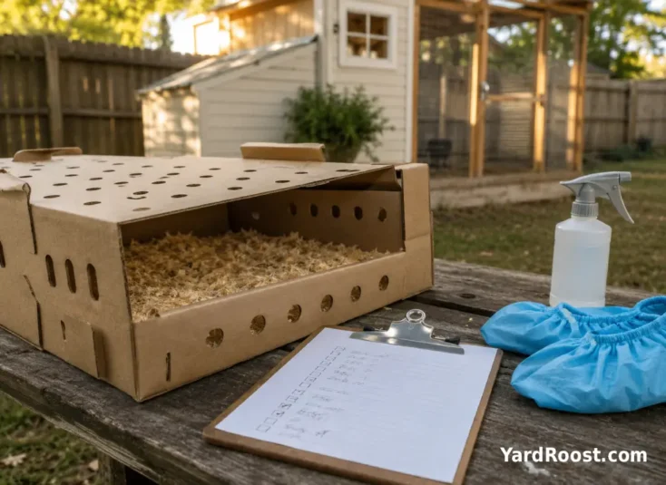 A ventilated transport box and a small checklist sit on a bench near a backyard chicken coop.