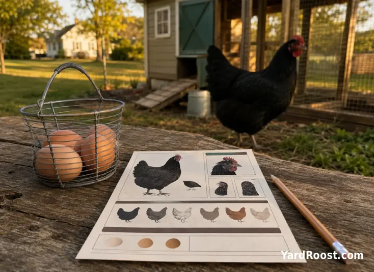 A simple breed reference card sits on a bench with a Jersey Giant near a coop in the background.