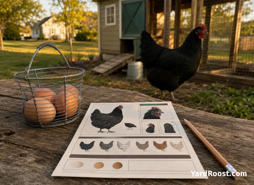 A simple breed reference card sits on a bench with a Jersey Giant near a coop in the background.