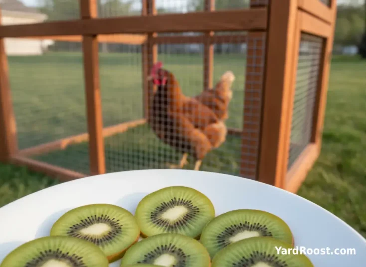 Small kiwi slices sit on a clean dish beside a backyard chicken run.