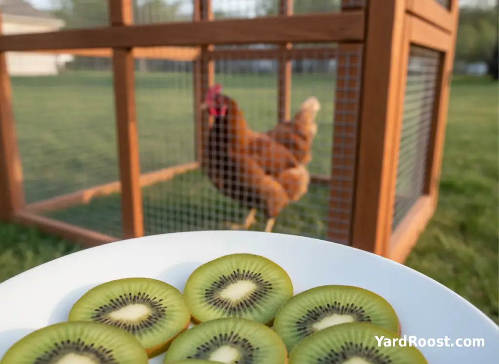 Small kiwi slices sit on a clean dish beside a backyard chicken run.