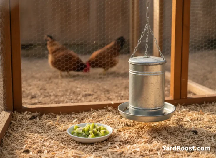 A small dish of chopped kiwi sits beside a hanging feeder in a backyard chicken run.