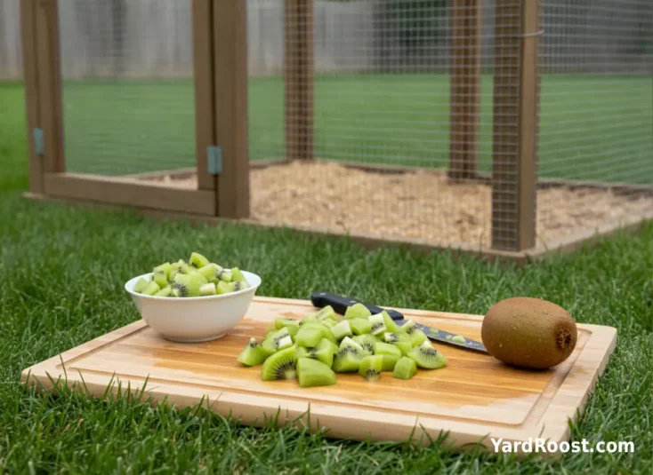 Chopped kiwi pieces are prepared on a clean board near a covered chicken run.