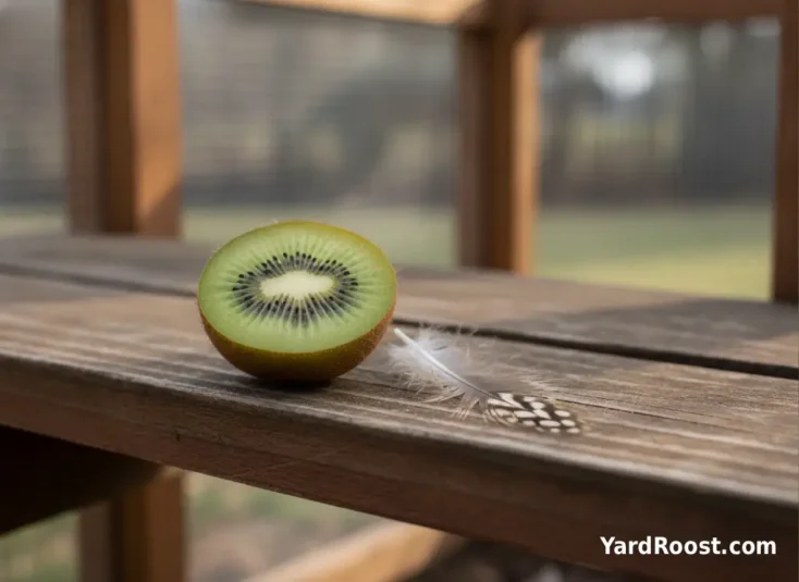 A halved kiwi fruit sits beside a chicken feather on a rustic coop bench.