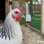 A calm Light Sussex hen shows white feathers and black neck markings in a backyard run.
