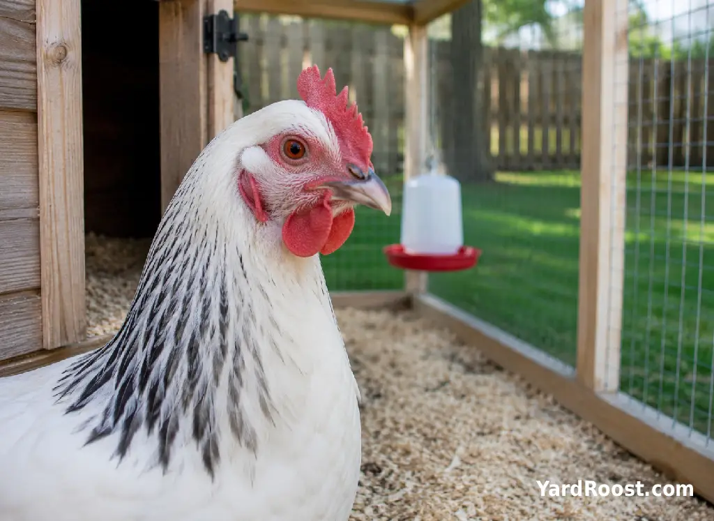 A calm Light Sussex hen shows white feathers and black neck markings in a backyard run.