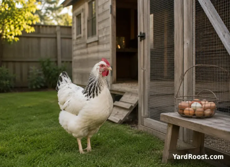 A Light Sussex hen stands beside a secure backyard coop run.