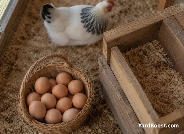Light brown chicken eggs sit in a basket beside a clean nest box.